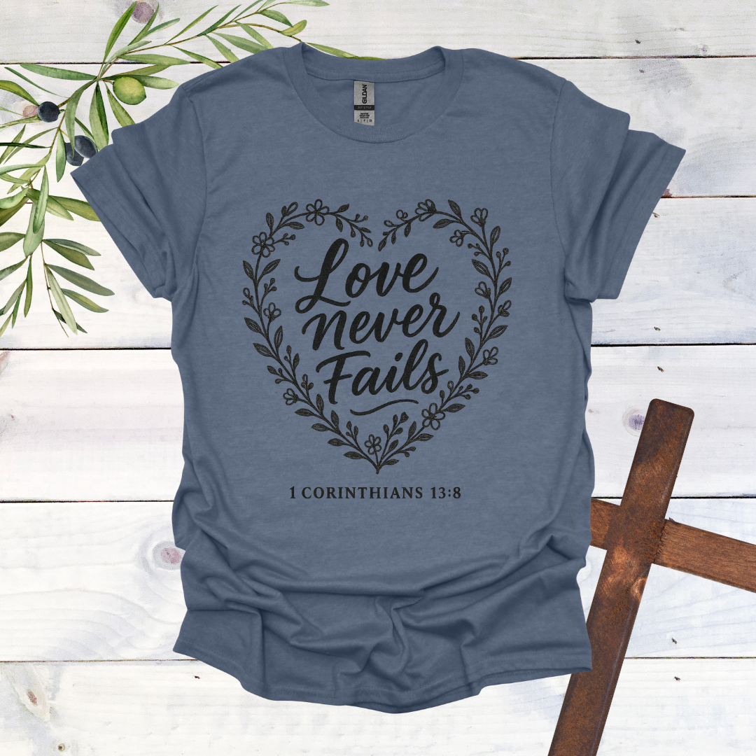 Love Never Fails - 1 Corinthians 13:8 - T-Shirt