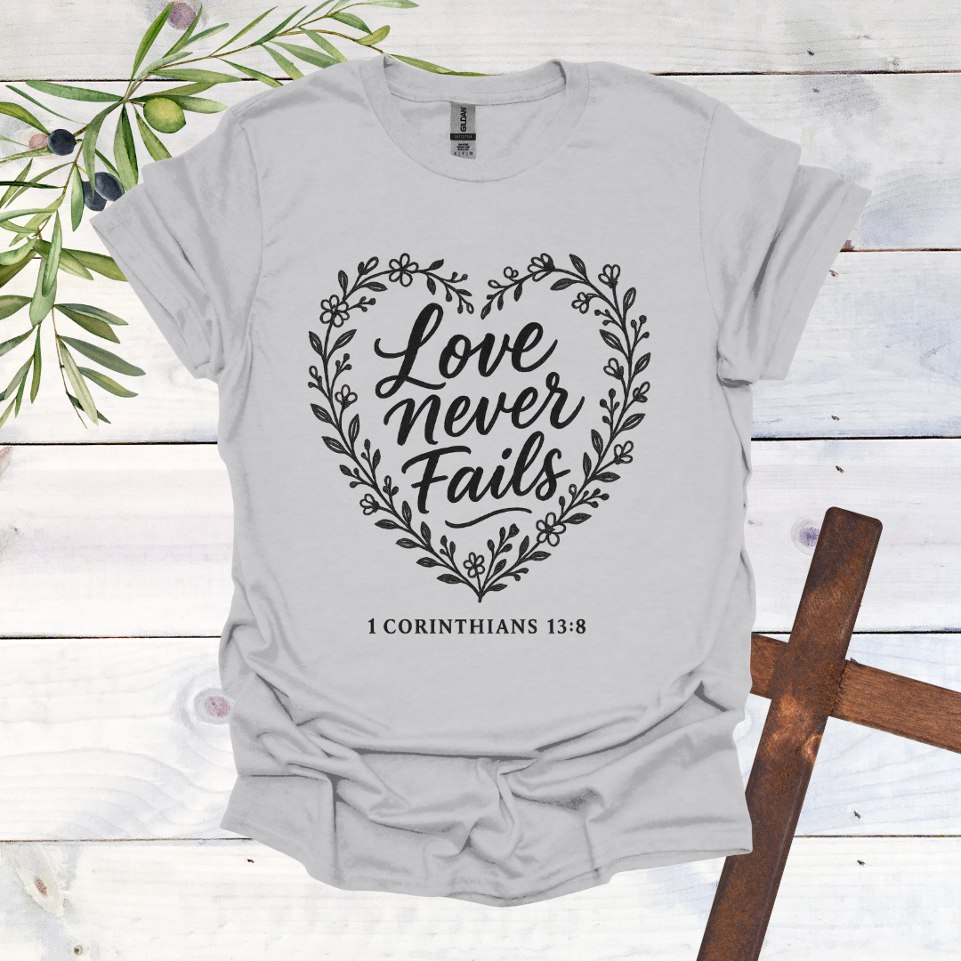 Love Never Fails - 1 Corinthians 13:8 - T-Shirt