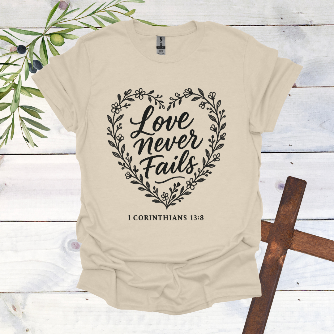 Love Never Fails - 1 Corinthians 13:8 - T-Shirt