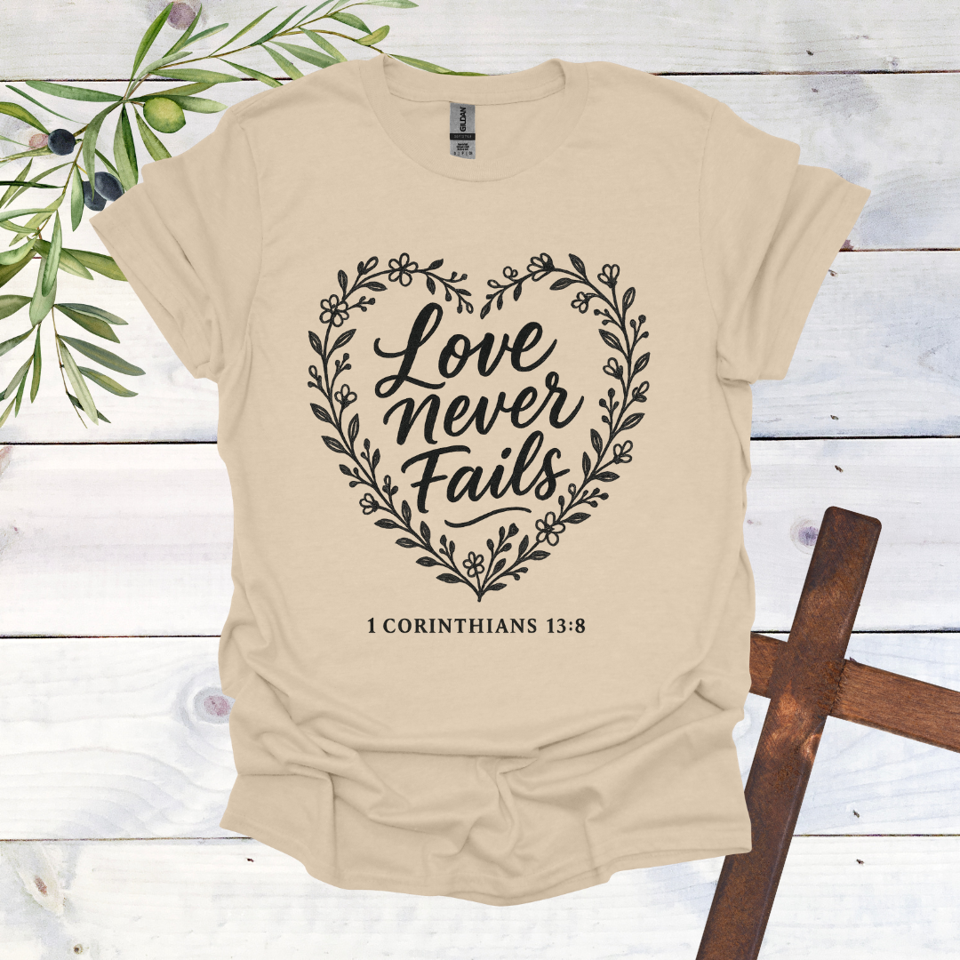 Love Never Fails - 1 Corinthians 13:8 - T-Shirt