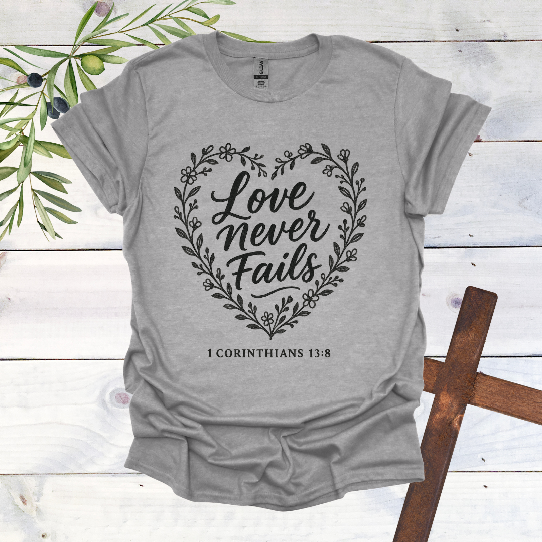 Love Never Fails - 1 Corinthians 13:8 - T-Shirt